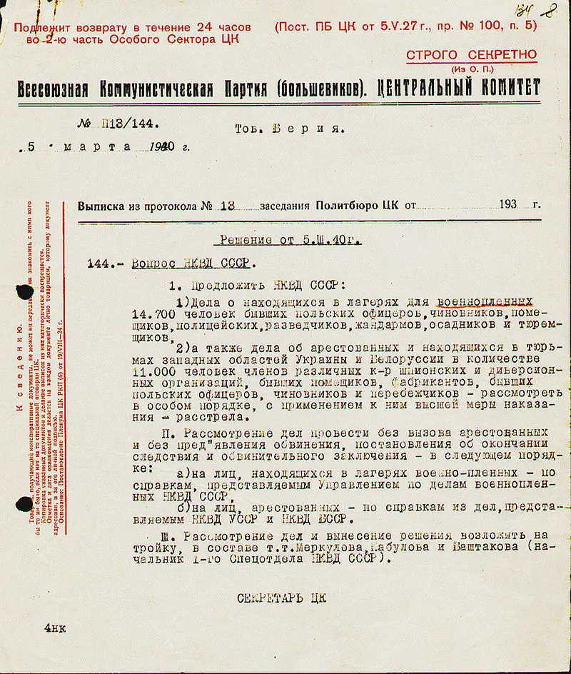 Катынский расстрел (польск. zbrodnia katyńska — «катынское преступление») — массовые убийства польских граждан (в основном пленных офицеров польской армии), осуществлённые весной 1940 года сотрудниками НКВД СССР.