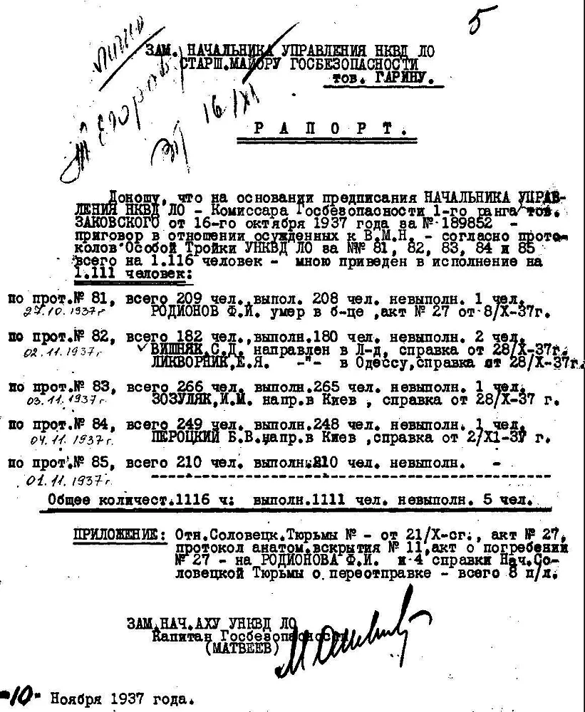 Ich melde, dass aufgrund der Anweisung des LEITERS DES NKWD – des Kommissars der Staatssicherheit 1. Ranges Genossen Zakovsky vom 16. Oktober 1937 unter der Nummer 189852 – das Urteil gegen die Verurteilten nach V. M. N. – gemäß den Protokollen der Spezialdreiergruppe des UNKVD der Leningrader Region unter den Nummern 81, 82, 83, 84 und 85 insgesamt für 1.116 Personen – von mir vollstreckt wurde auf 1.111 Personen.